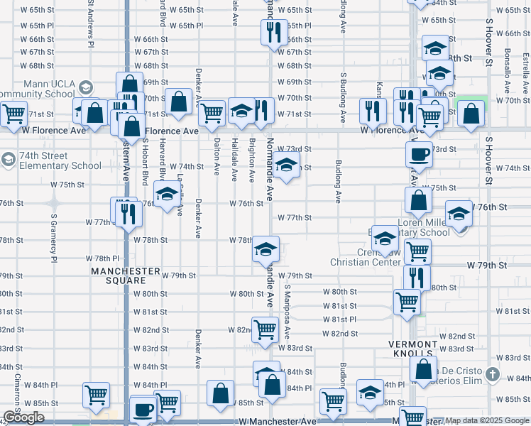 map of restaurants, bars, coffee shops, grocery stores, and more near 7615 Normandie Avenue in Los Angeles