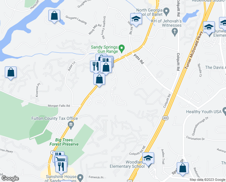 map of restaurants, bars, coffee shops, grocery stores, and more near 612 Hampton Drive in Sandy Springs
