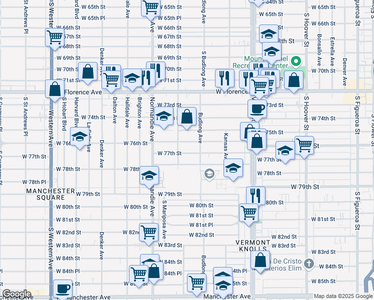 map of restaurants, bars, coffee shops, grocery stores, and more near 1235 West 77th Street in Los Angeles