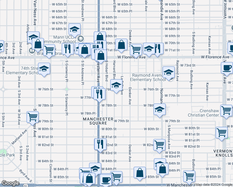 map of restaurants, bars, coffee shops, grocery stores, and more near 7614 Harvard Boulevard in Los Angeles