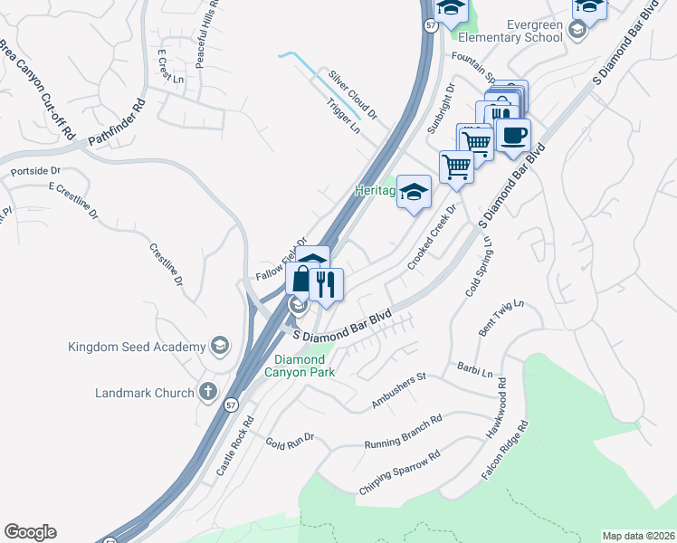 map of restaurants, bars, coffee shops, grocery stores, and more near 21005 Bandana Drive in Pomona