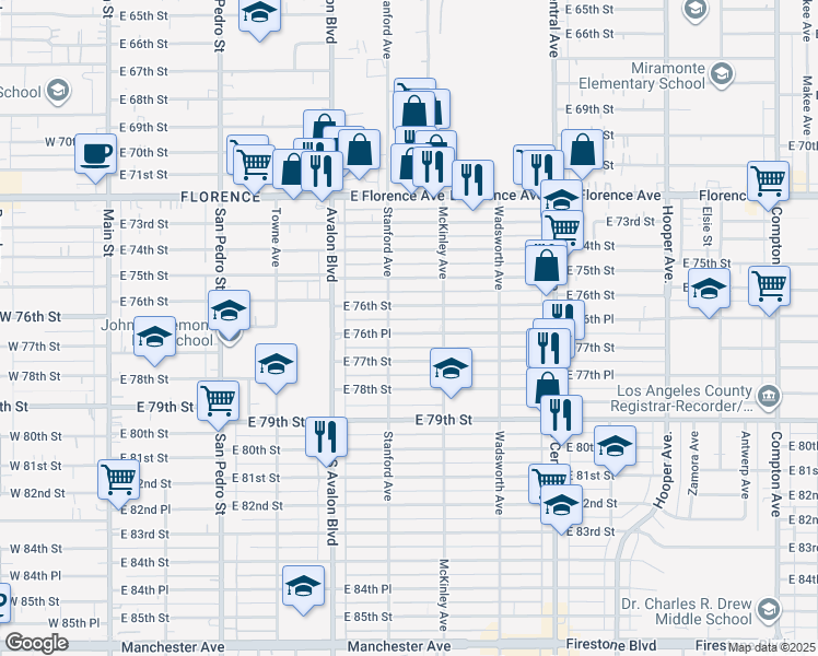 map of restaurants, bars, coffee shops, grocery stores, and more near 725 East 76th Place in Los Angeles