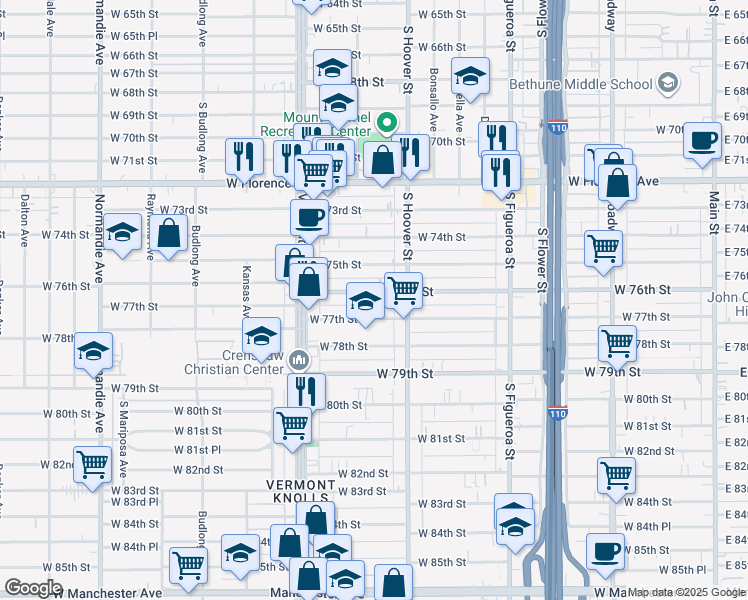 map of restaurants, bars, coffee shops, grocery stores, and more near 838 West 76th Street in Los Angeles