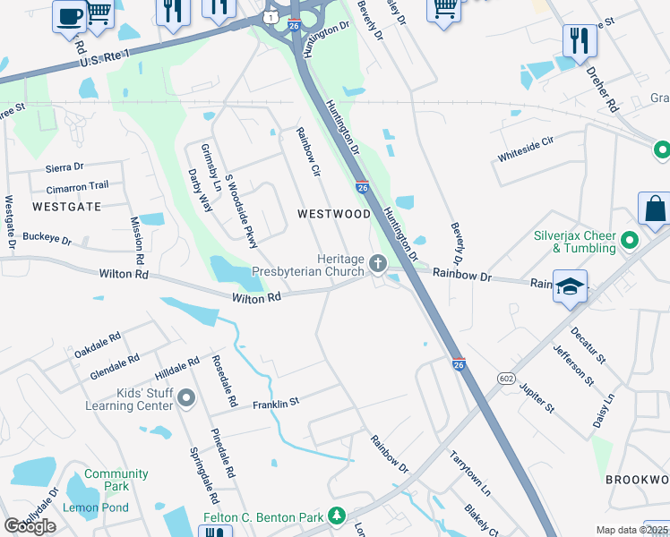 map of restaurants, bars, coffee shops, grocery stores, and more near 593 Rainbow Circle in West Columbia