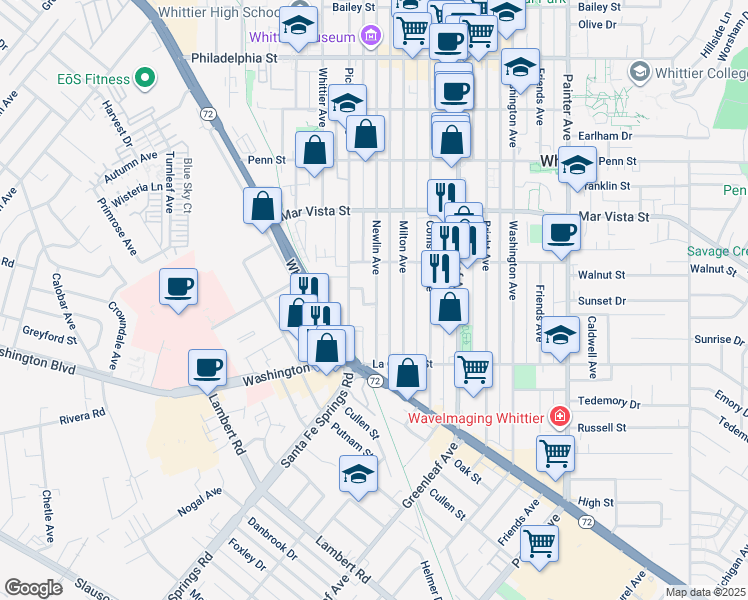 map of restaurants, bars, coffee shops, grocery stores, and more near 7743 1/2 Newlin Avenue in Whittier