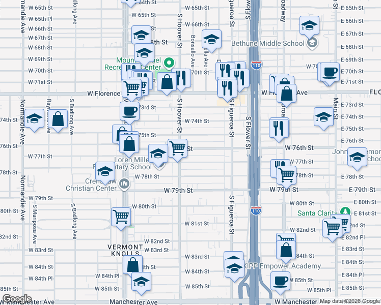 map of restaurants, bars, coffee shops, grocery stores, and more near 636 West 76th Street in Los Angeles