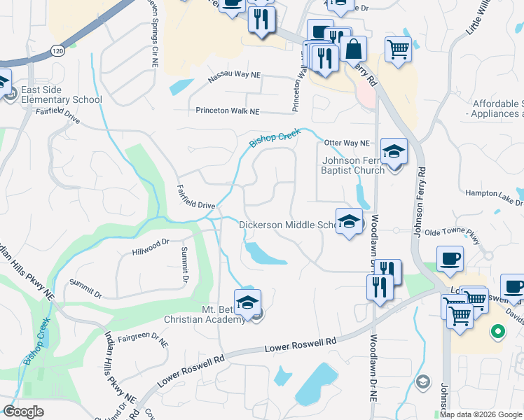 map of restaurants, bars, coffee shops, grocery stores, and more near 890 Banford Court Northeast in Marietta