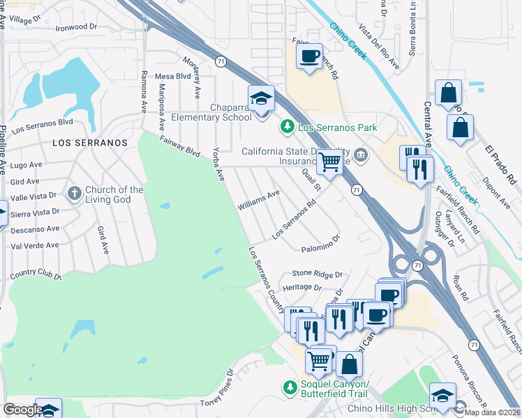 map of restaurants, bars, coffee shops, grocery stores, and more near 15570 Ethel Street in Chino Hills