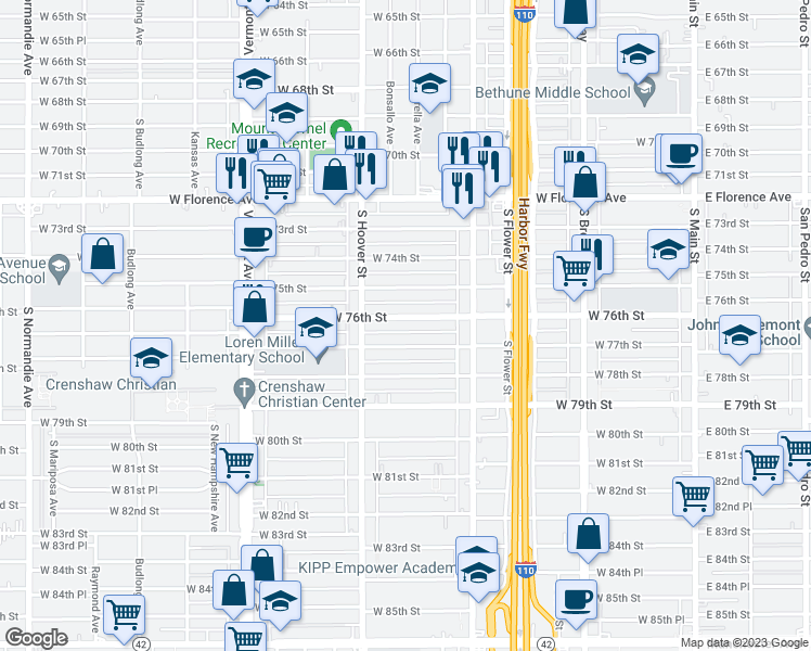 map of restaurants, bars, coffee shops, grocery stores, and more near 636 West 76th Street in Los Angeles
