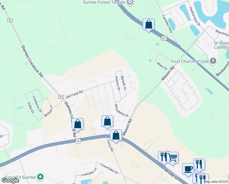 map of restaurants, bars, coffee shops, grocery stores, and more near 1749 Mossberg Drive in Sumter