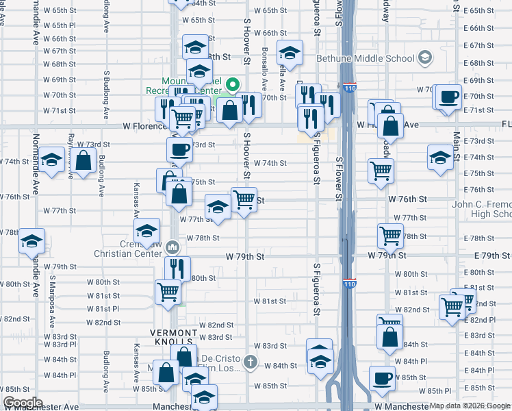 map of restaurants, bars, coffee shops, grocery stores, and more near 7602 South Hoover Street in Los Angeles