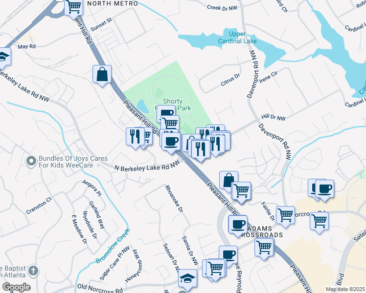 map of restaurants, bars, coffee shops, grocery stores, and more near 2608 Pleasant Hill Road in Duluth