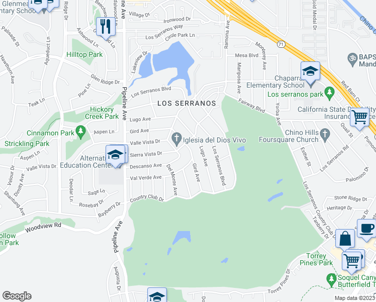 map of restaurants, bars, coffee shops, grocery stores, and more near 4335 Gird Avenue in Chino Hills