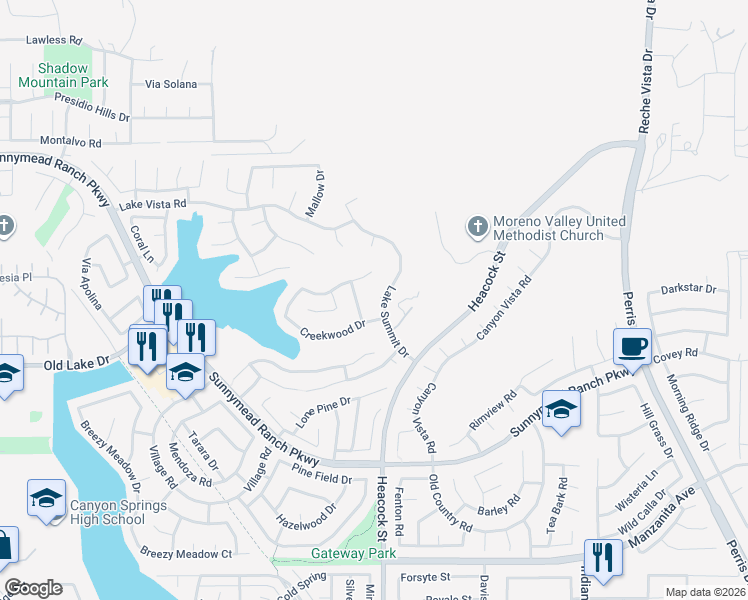 map of restaurants, bars, coffee shops, grocery stores, and more near 10345 Lake Summit Dr in Moreno Valley