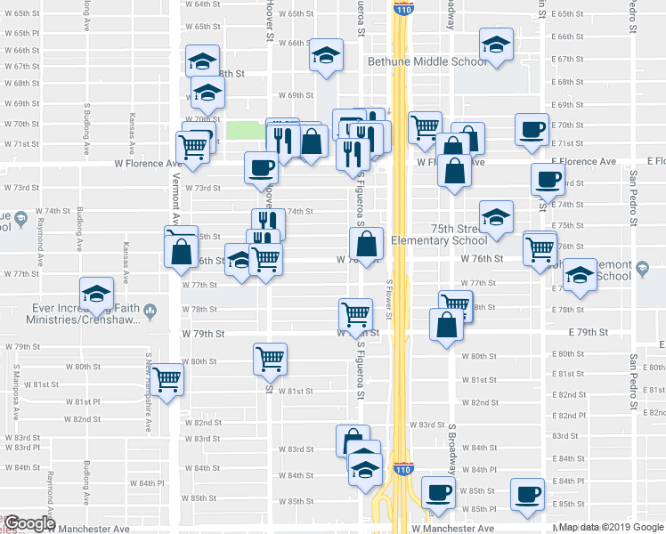 map of restaurants, bars, coffee shops, grocery stores, and more near 538 West 76th Street in Los Angeles