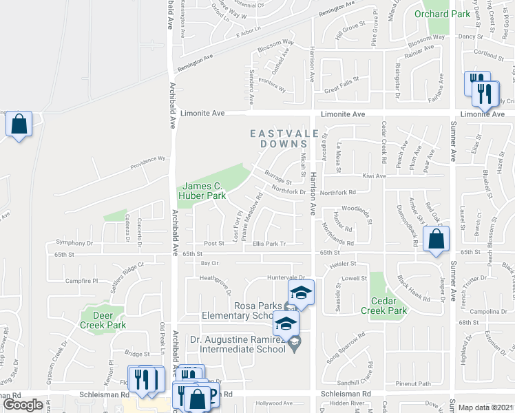 map of restaurants, bars, coffee shops, grocery stores, and more near 6465 Emerald Downs Street in Corona