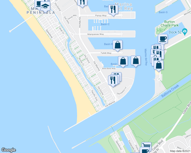 map of restaurants, bars, coffee shops, grocery stores, and more near 130 Spinnaker Court in Marina del Rey