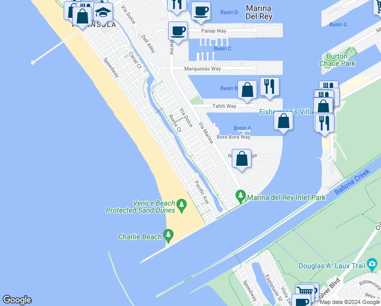 map of restaurants, bars, coffee shops, grocery stores, and more near 4811 Roma Court in Marina del Rey