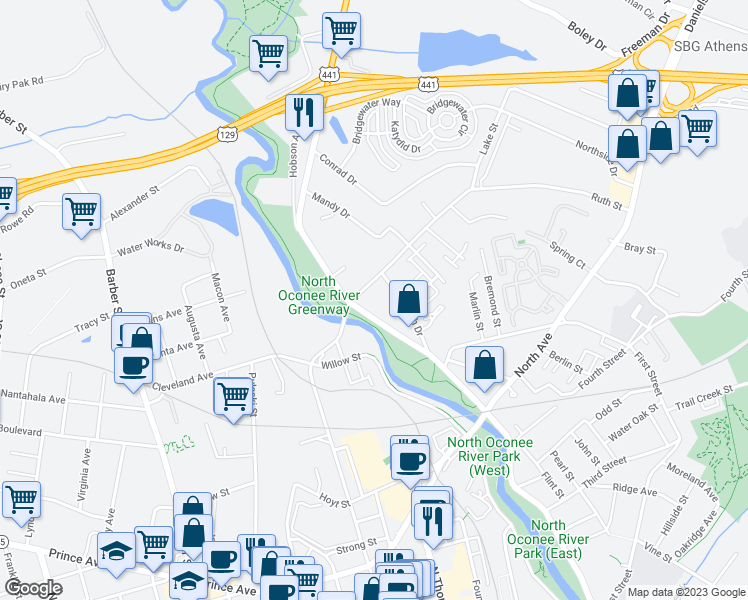 map of restaurants, bars, coffee shops, grocery stores, and more near 978 Doctor Martin Luther King Junior Parkway in Athens