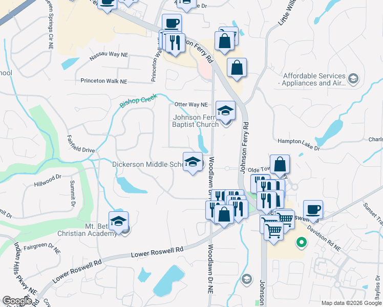 map of restaurants, bars, coffee shops, grocery stores, and more near 4549 Woodlawn Lake Drive in Marietta