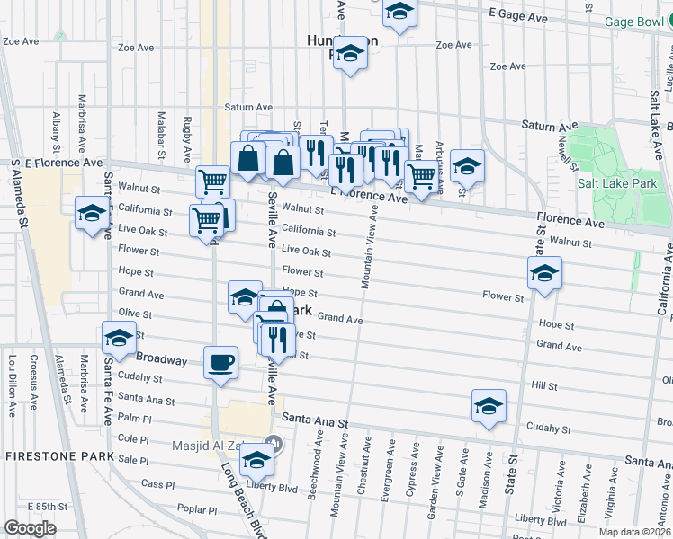 map of restaurants, bars, coffee shops, grocery stores, and more near 2825 Flower Street in Huntington Park