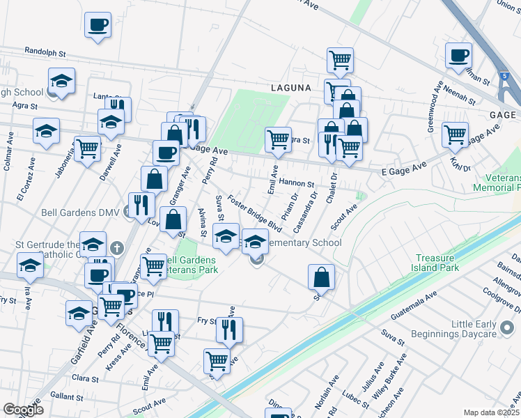 map of restaurants, bars, coffee shops, grocery stores, and more near 6559 Emil Avenue in Bell Gardens