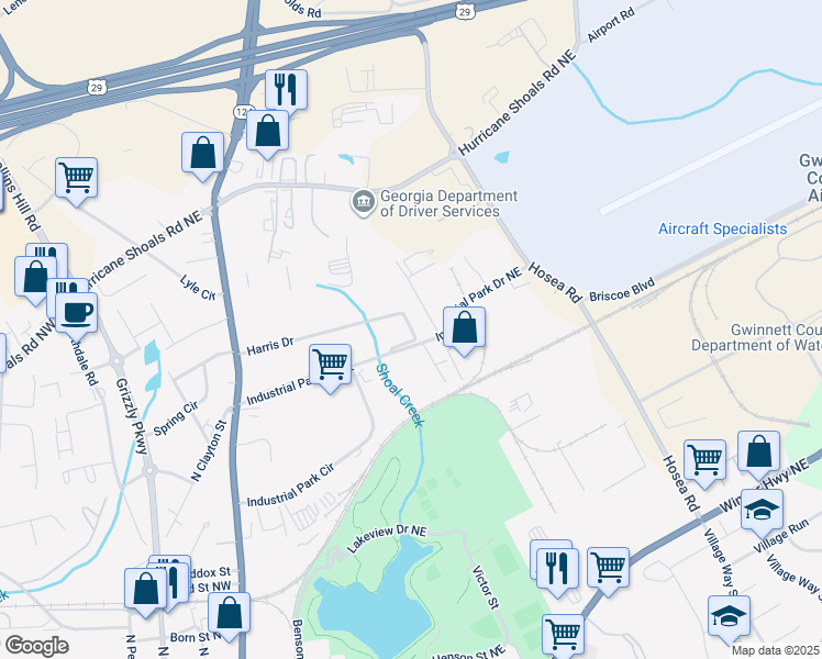 map of restaurants, bars, coffee shops, grocery stores, and more near Hood Street Northeast in Lawrenceville