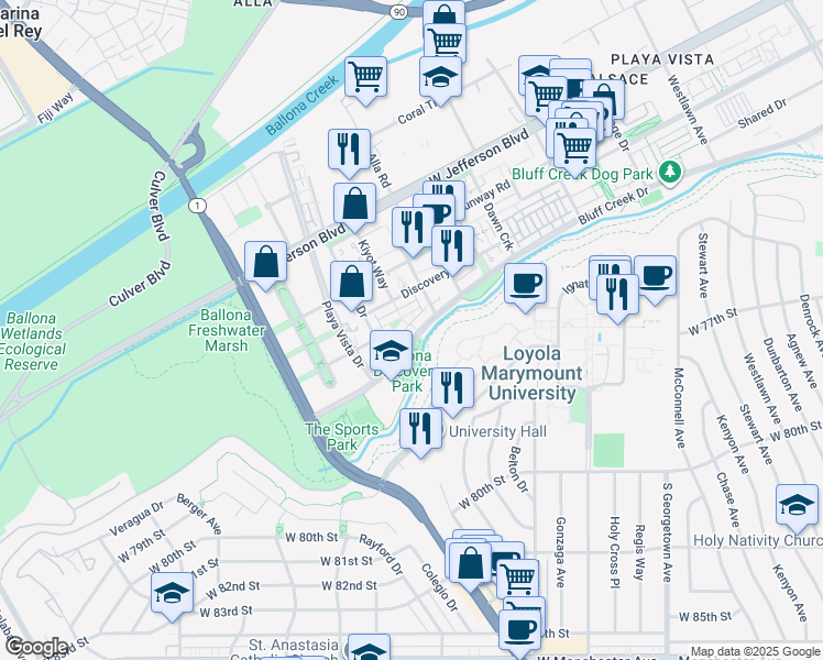 map of restaurants, bars, coffee shops, grocery stores, and more near 13061 Bluff Creek Drive in Los Angeles