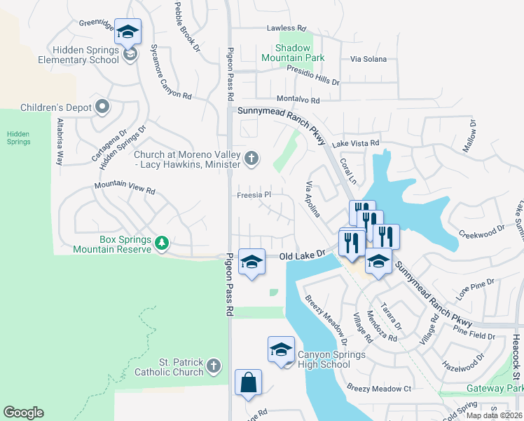 map of restaurants, bars, coffee shops, grocery stores, and more near 10350 Mockingbird Court in Moreno Valley