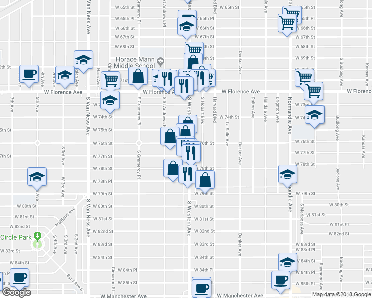 map of restaurants, bars, coffee shops, grocery stores, and more near 7611 South Western Avenue in Los Angeles
