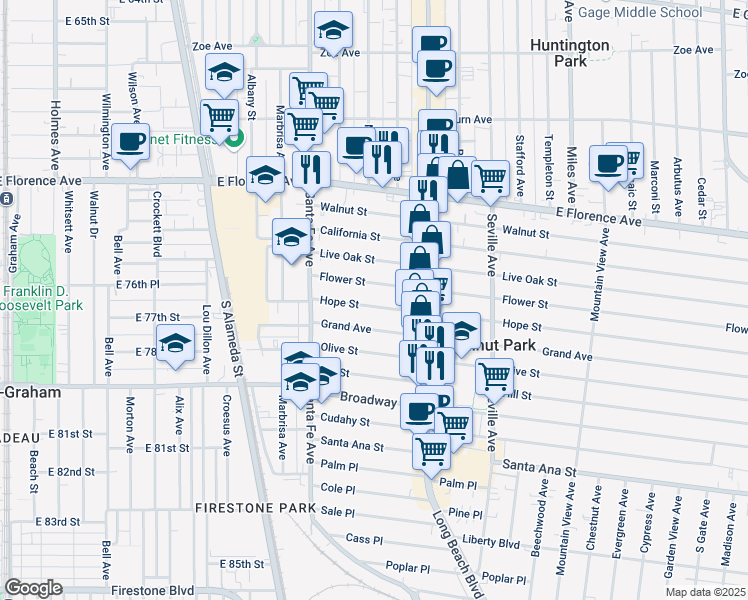 map of restaurants, bars, coffee shops, grocery stores, and more near 2501 Hope Street in Huntington Park