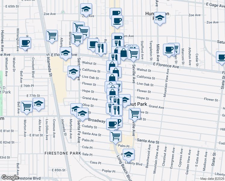 map of restaurants, bars, coffee shops, grocery stores, and more near 7611 Pacific Boulevard in Walnut Park