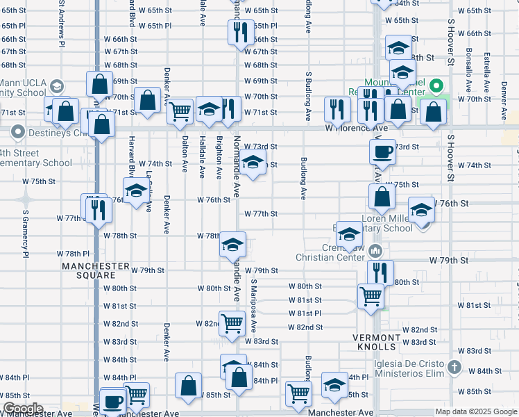 map of restaurants, bars, coffee shops, grocery stores, and more near 1321 West 77th Street in Los Angeles