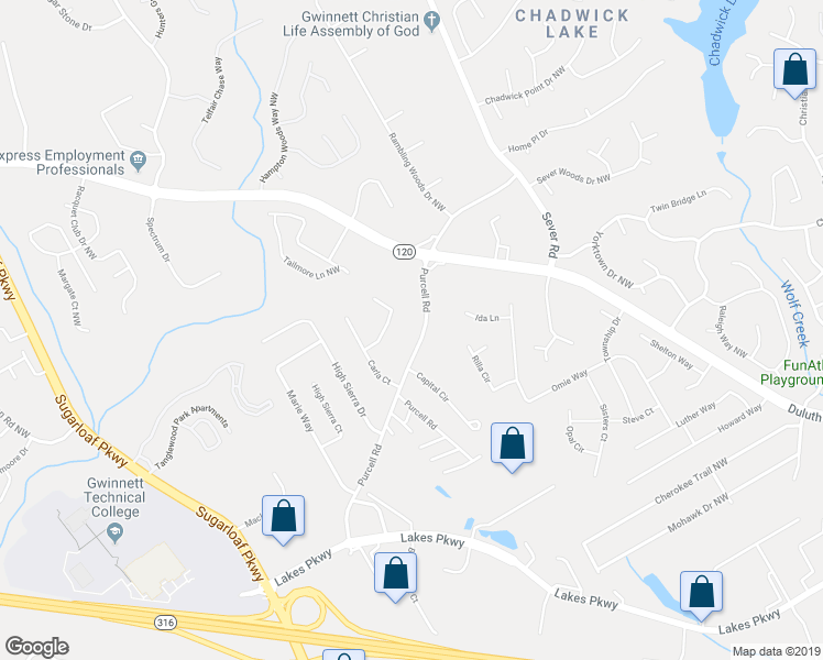 map of restaurants, bars, coffee shops, grocery stores, and more near 1525 Purcell Road in Lawrenceville