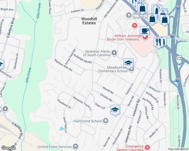 map of restaurants, bars, coffee shops, grocery stores, and more near 508 Old Woodlands Road in Columbia