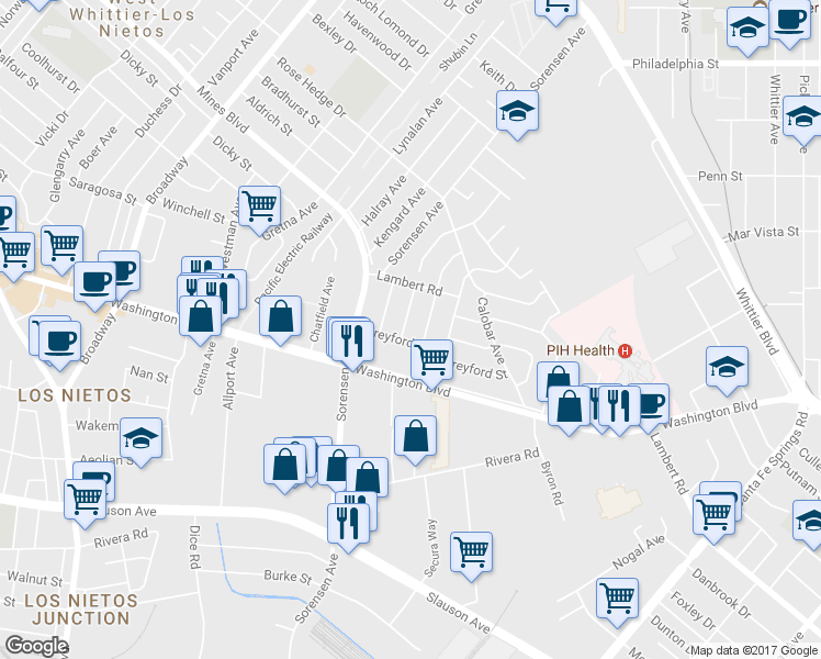 map of restaurants, bars, coffee shops, grocery stores, and more near 7848 Wellsford Avenue in Whittier
