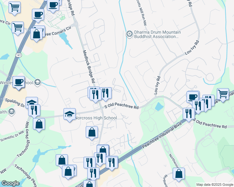 map of restaurants, bars, coffee shops, grocery stores, and more near 809 Montrose Parkway in Peachtree Corners