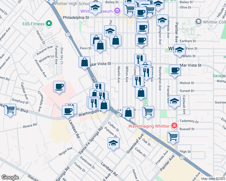 map of restaurants, bars, coffee shops, grocery stores, and more near 7750 Pickering Avenue in Whittier