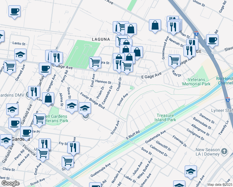 map of restaurants, bars, coffee shops, grocery stores, and more near 6530 Chalet Drive in Bell Gardens