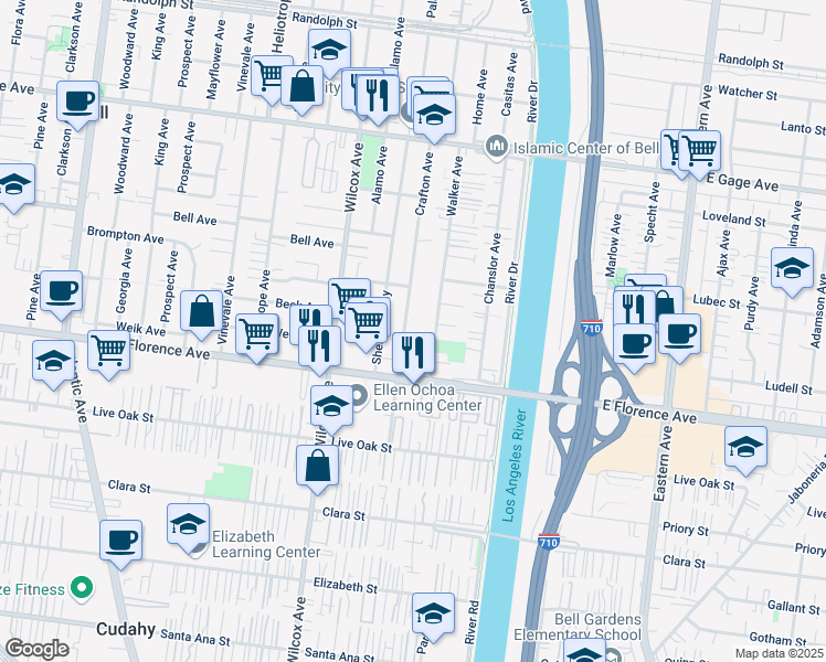 map of restaurants, bars, coffee shops, grocery stores, and more near 7004 Crafton Avenue in Bell