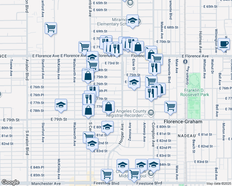 map of restaurants, bars, coffee shops, grocery stores, and more near 1254 East 76th Place in Los Angeles