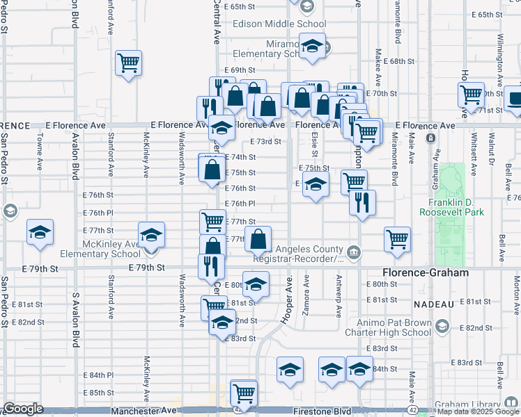 map of restaurants, bars, coffee shops, grocery stores, and more near 1204 East 76th Place in Los Angeles