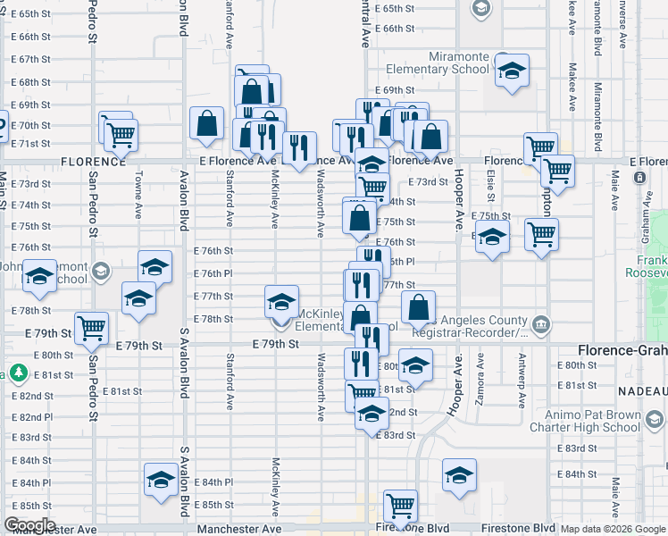 map of restaurants, bars, coffee shops, grocery stores, and more near 903 East 76th Place in Los Angeles