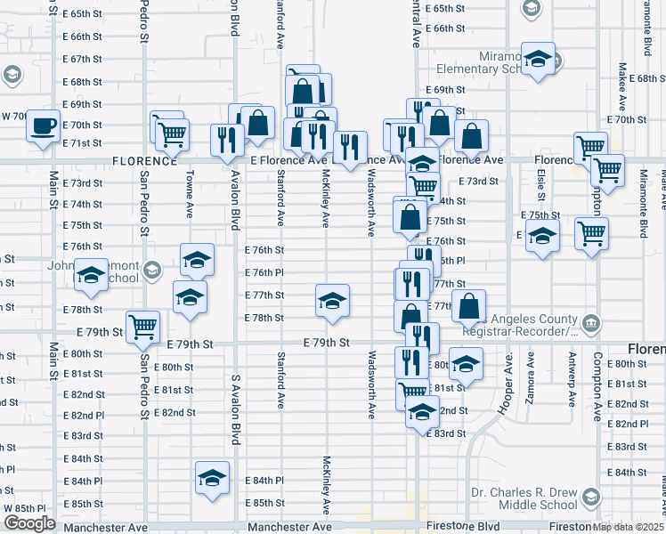 map of restaurants, bars, coffee shops, grocery stores, and more near 823 East 76th Place in Los Angeles