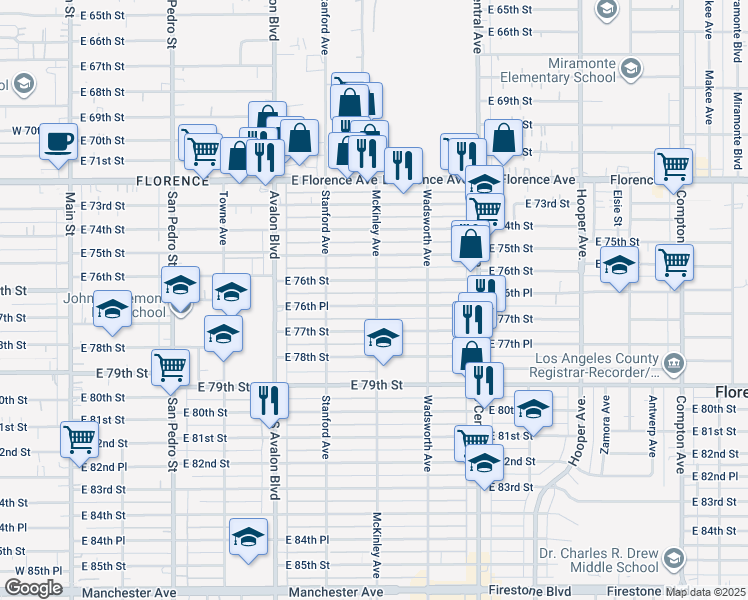 map of restaurants, bars, coffee shops, grocery stores, and more near 743 East 76th Place in Los Angeles