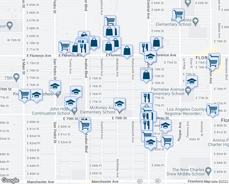 map of restaurants, bars, coffee shops, grocery stores, and more near 743 East 76th Place in Los Angeles