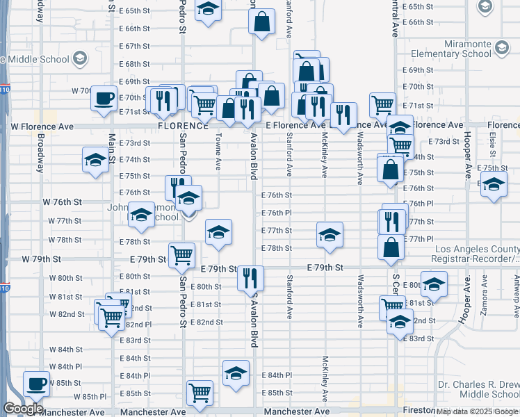map of restaurants, bars, coffee shops, grocery stores, and more near 7618 Avalon Boulevard in Los Angeles