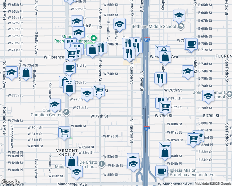 map of restaurants, bars, coffee shops, grocery stores, and more near 636 West 76th Street in Los Angeles