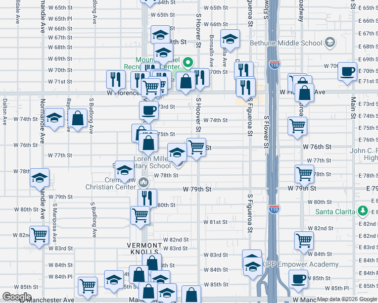 map of restaurants, bars, coffee shops, grocery stores, and more near 838 West 76th Street in Los Angeles