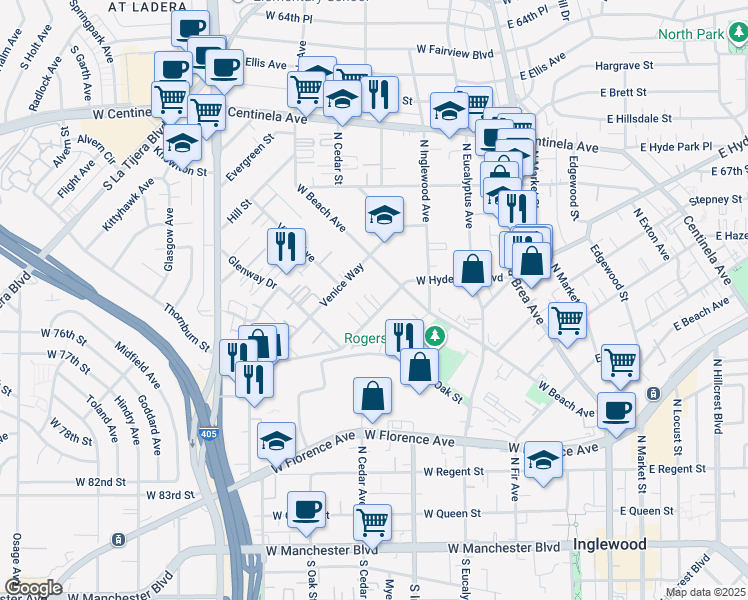 map of restaurants, bars, coffee shops, grocery stores, and more near 531 West Hyde Park Boulevard in Inglewood